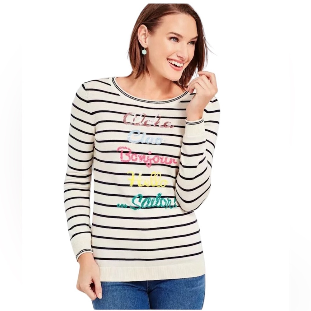Talbots Getaway Button-back Crewneck White Multicolor Sequined Sweater Petite L